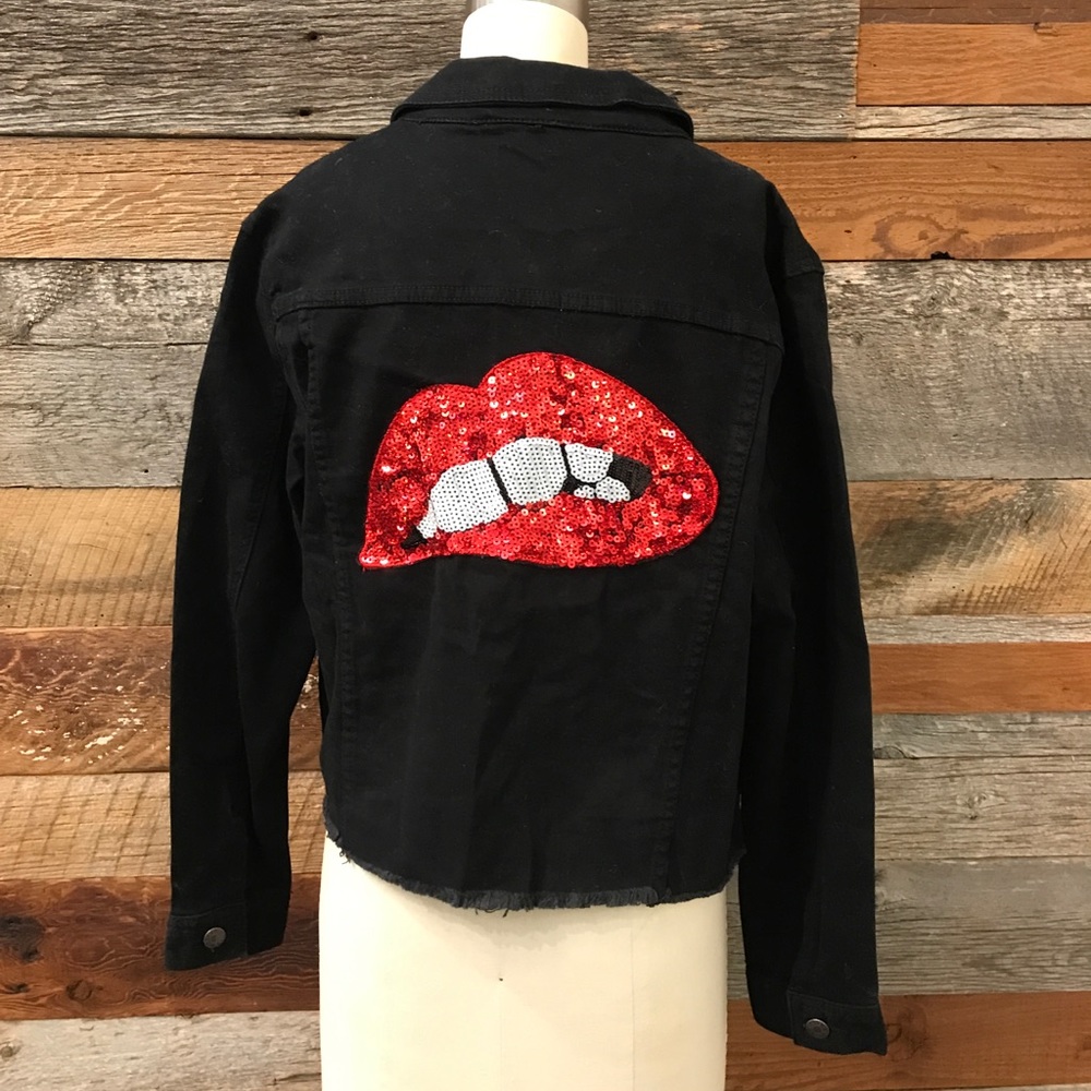 Really fun sequins distressed black Jean Jacket